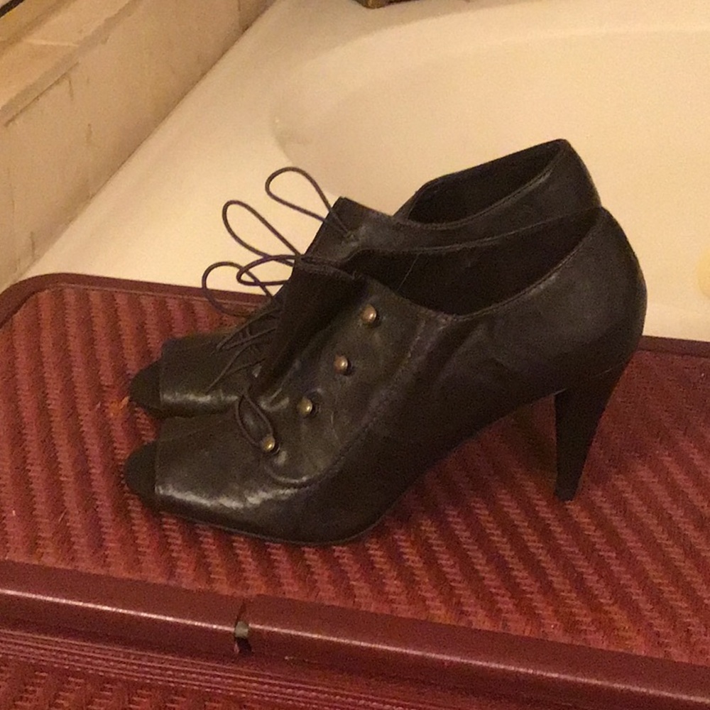 Dark brown open toe lace bootie heels